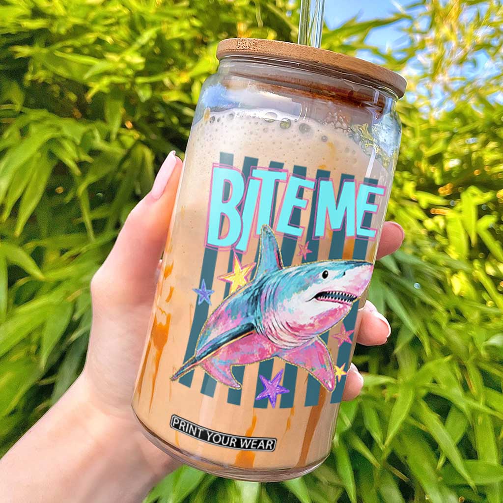 Funny Bite Me Shark Lover Glass Can Summer Beach Nautical Stripes Glitter Print TS11 White Print Your Wear