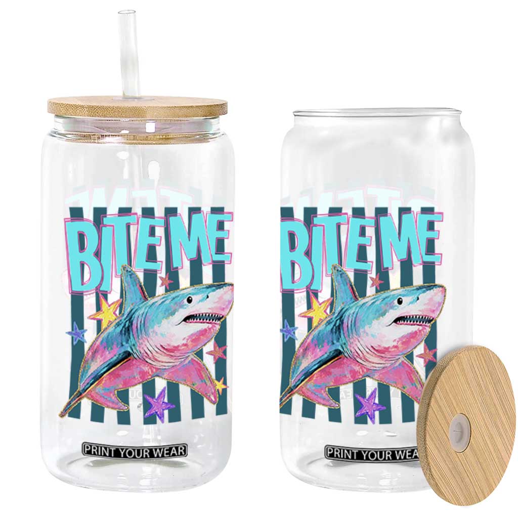Funny Bite Me Shark Lover Glass Can Summer Beach Nautical Stripes Glitter Print TS11 Print Your Wear