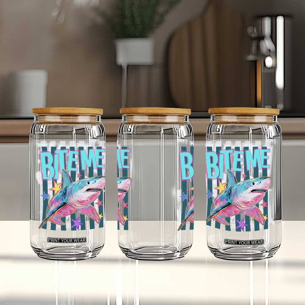 Funny Bite Me Shark Lover Glass Can Summer Beach Nautical Stripes Glitter Print TS11 Print Your Wear