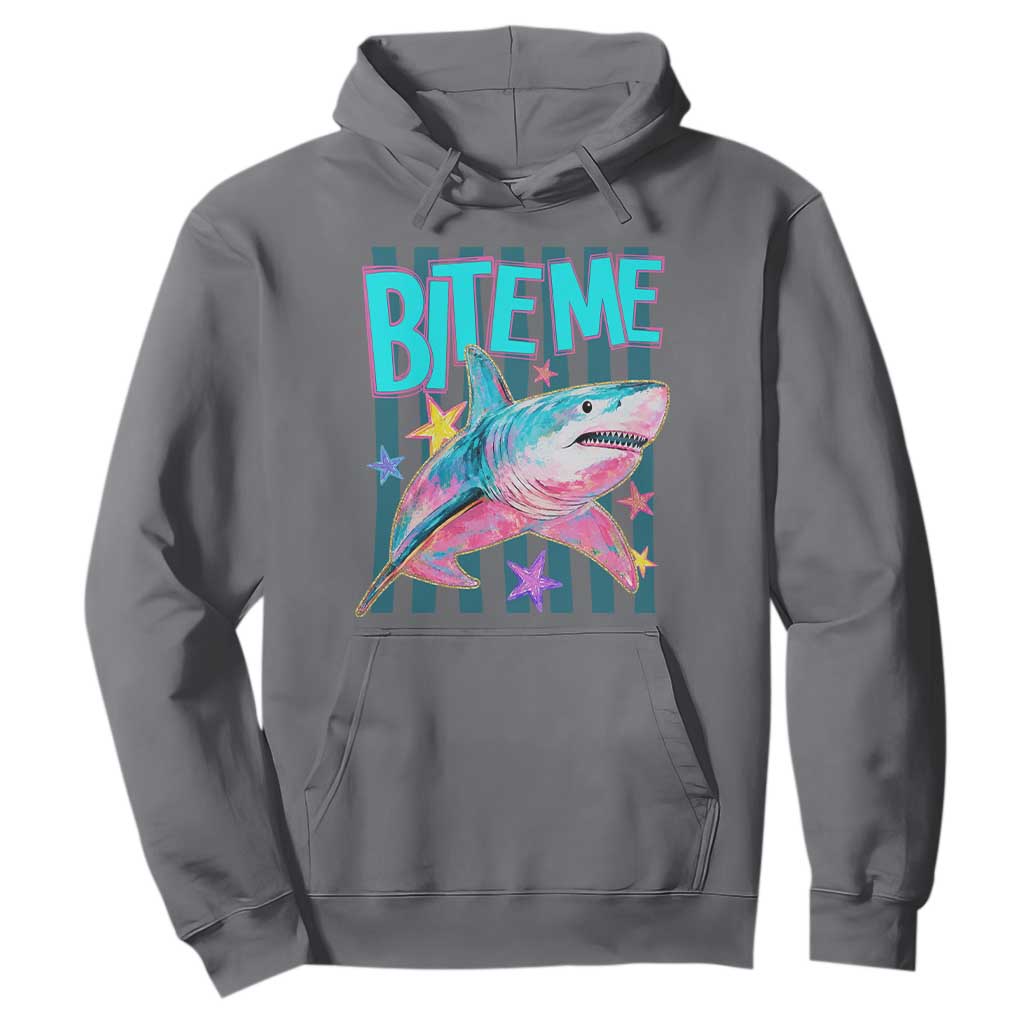 Funny Bite Me Shark Lover Hoodie Summer Beach Nautical Stripes Glitter Print TS11 Charcoal Print Your Wear