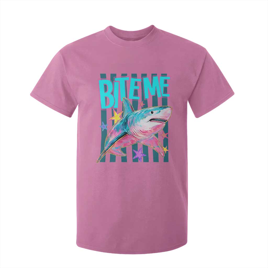 Funny Bite Me Shark Lover T Shirt For Kid Summer Beach Nautical Stripes Glitter Print TS11 Azalea Print Your Wear