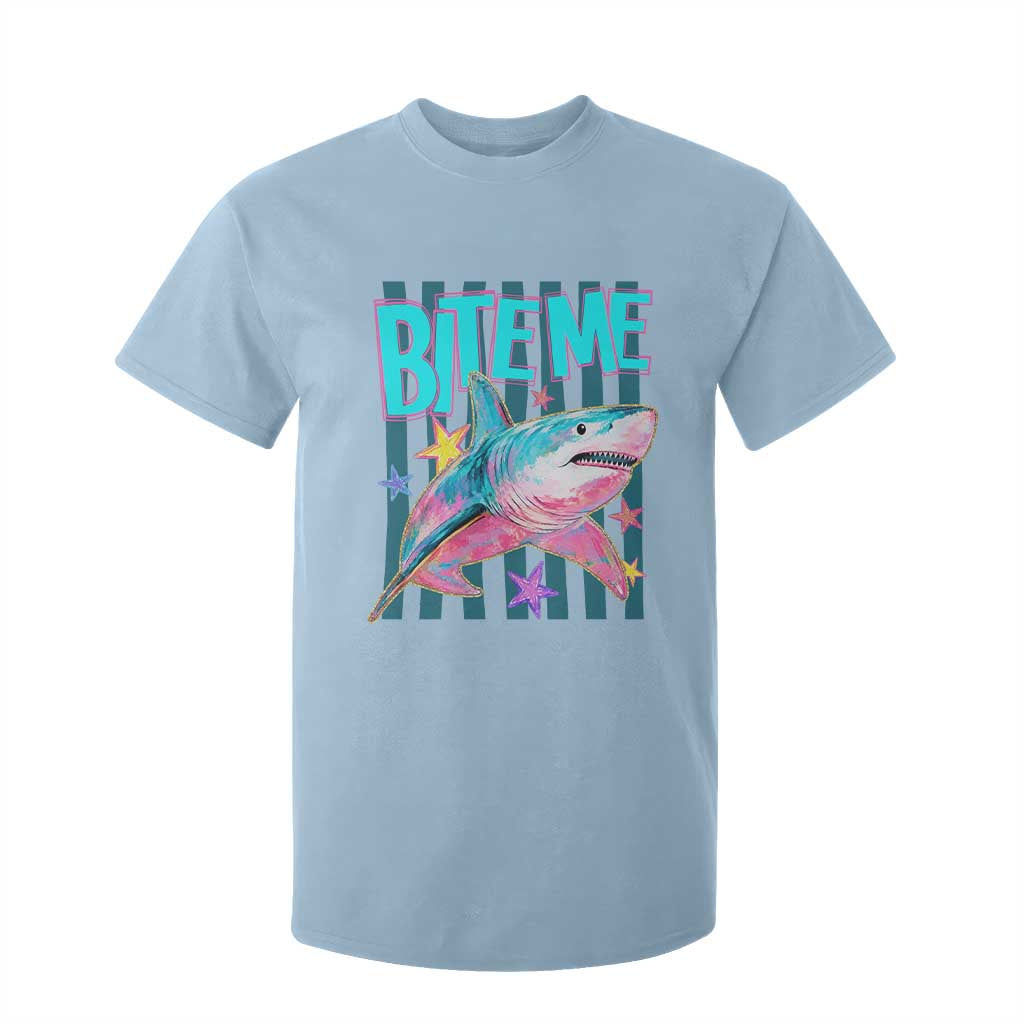 Funny Bite Me Shark Lover T Shirt For Kid Summer Beach Nautical Stripes Glitter Print TS11 Light Blue Print Your Wear