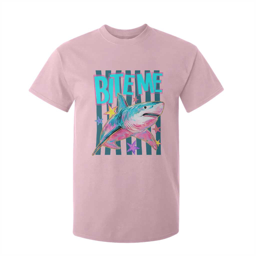 Funny Bite Me Shark Lover T Shirt For Kid Summer Beach Nautical Stripes Glitter Print TS11 Light Pink Print Your Wear