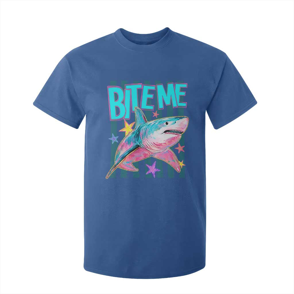 Funny Bite Me Shark Lover T Shirt For Kid Summer Beach Nautical Stripes Glitter Print TS11 Royal Blue Print Your Wear
