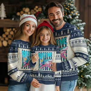 Funny Bite Me Shark Lover Ugly Christmas Sweater Summer Beach Nautical Stripes Glitter Print TS11 Beige Navy Print Your Wear