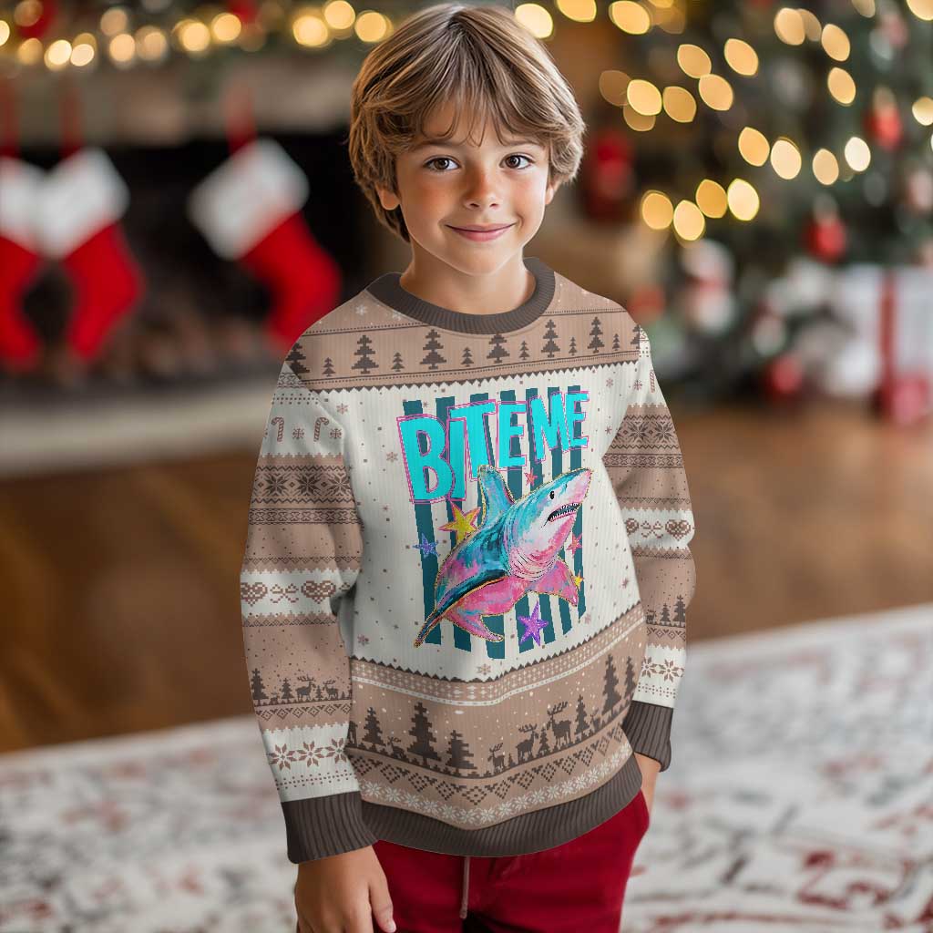 Funny Bite Me Shark Lover Ugly Christmas Sweater Summer Beach Nautical Stripes Glitter Print TS11 Mocha Mousse Print Your Wear