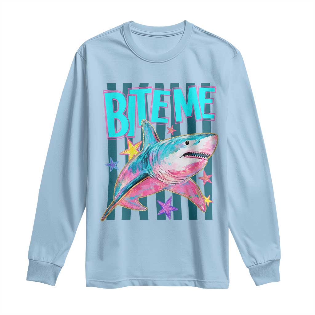 Funny Bite Me Shark Lover Long Sleeve Shirt Summer Beach Nautical Stripes Glitter Print TS11 Light Blue Print Your Wear