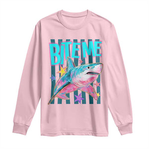Funny Bite Me Shark Lover Long Sleeve Shirt Summer Beach Nautical Stripes Glitter Print TS11 Light Pink Print Your Wear