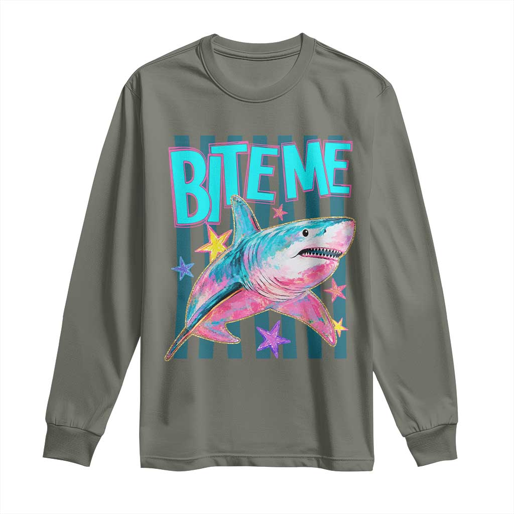 Funny Bite Me Shark Lover Long Sleeve Shirt Summer Beach Nautical Stripes Glitter Print TS11 Military Green Print Your Wear