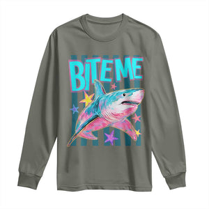 Funny Bite Me Shark Lover Long Sleeve Shirt Summer Beach Nautical Stripes Glitter Print TS11 Military Green Print Your Wear