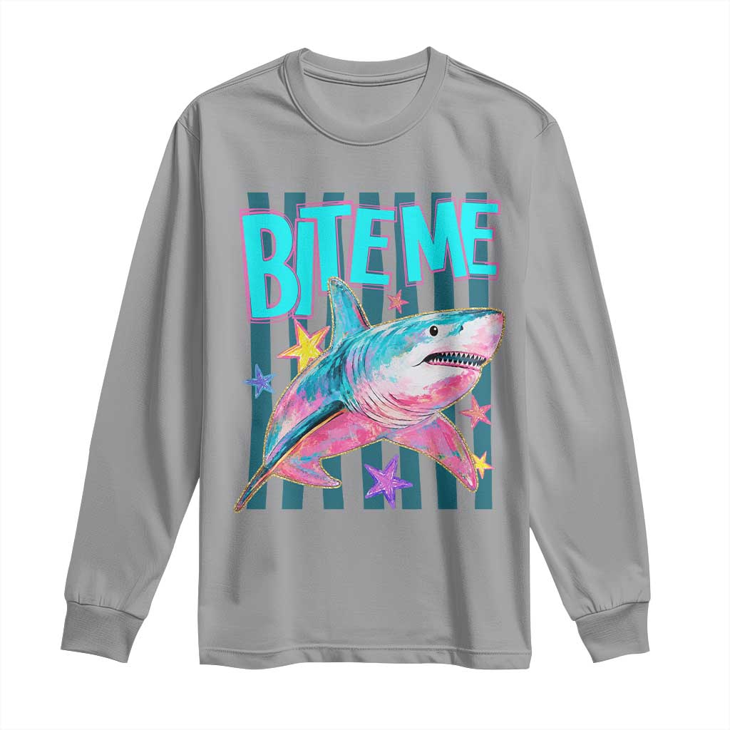 Funny Bite Me Shark Lover Long Sleeve Shirt Summer Beach Nautical Stripes Glitter Print TS11 Sport Gray Print Your Wear