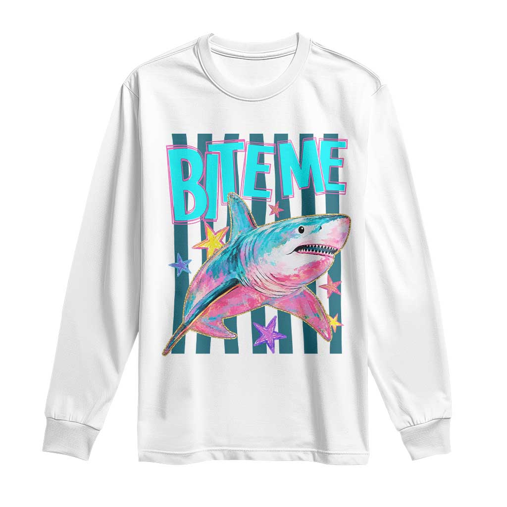 Funny Bite Me Shark Lover Long Sleeve Shirt Summer Beach Nautical Stripes Glitter Print TS11 White Print Your Wear