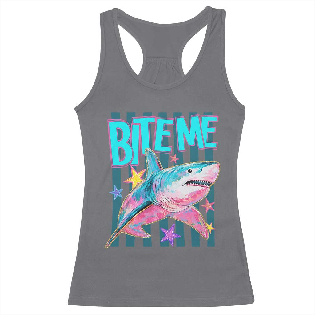 Funny Bite Me Shark Lover Racerback Tank Top Summer Beach Nautical Stripes Glitter Print TS11 Charcoal Print Your Wear