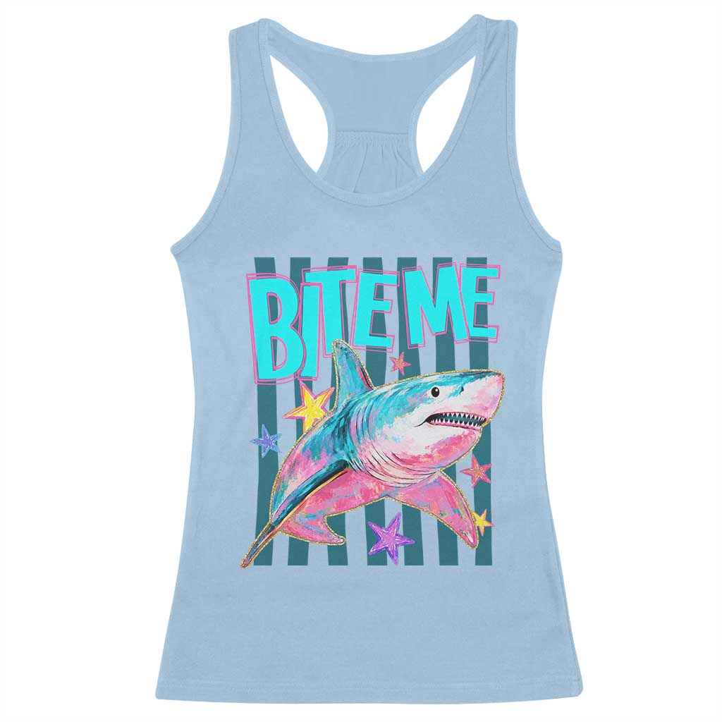 Funny Bite Me Shark Lover Racerback Tank Top Summer Beach Nautical Stripes Glitter Print TS11 Light Blue Print Your Wear