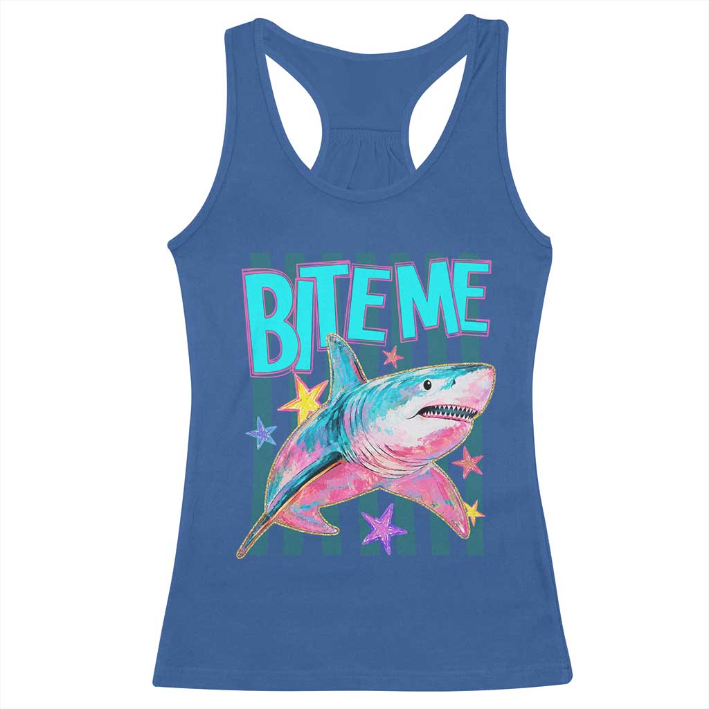 Funny Bite Me Shark Lover Racerback Tank Top Summer Beach Nautical Stripes Glitter Print TS11 Royal Blue Print Your Wear