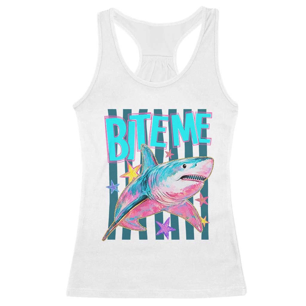 Funny Bite Me Shark Lover Racerback Tank Top Summer Beach Nautical Stripes Glitter Print TS11 White Print Your Wear
