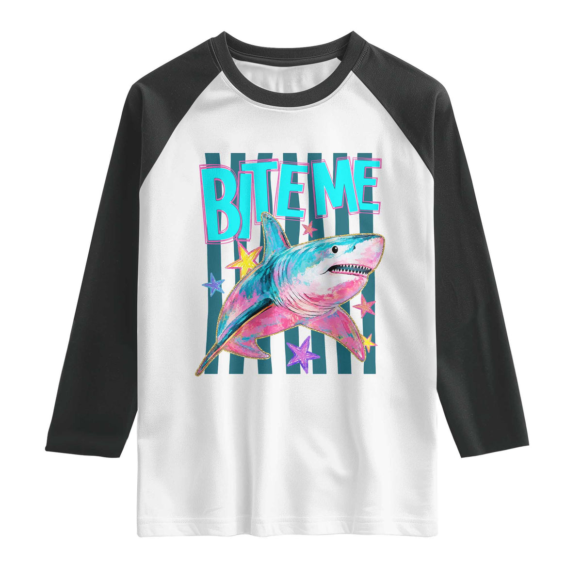 Funny Bite Me Shark Lover Raglan Shirt Summer Beach Nautical Stripes Glitter Print TS11 White Black Print Your Wear