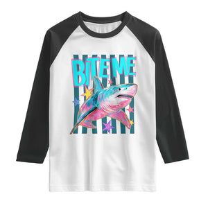 Funny Bite Me Shark Lover Raglan Shirt Summer Beach Nautical Stripes Glitter Print TS11 White Black Print Your Wear