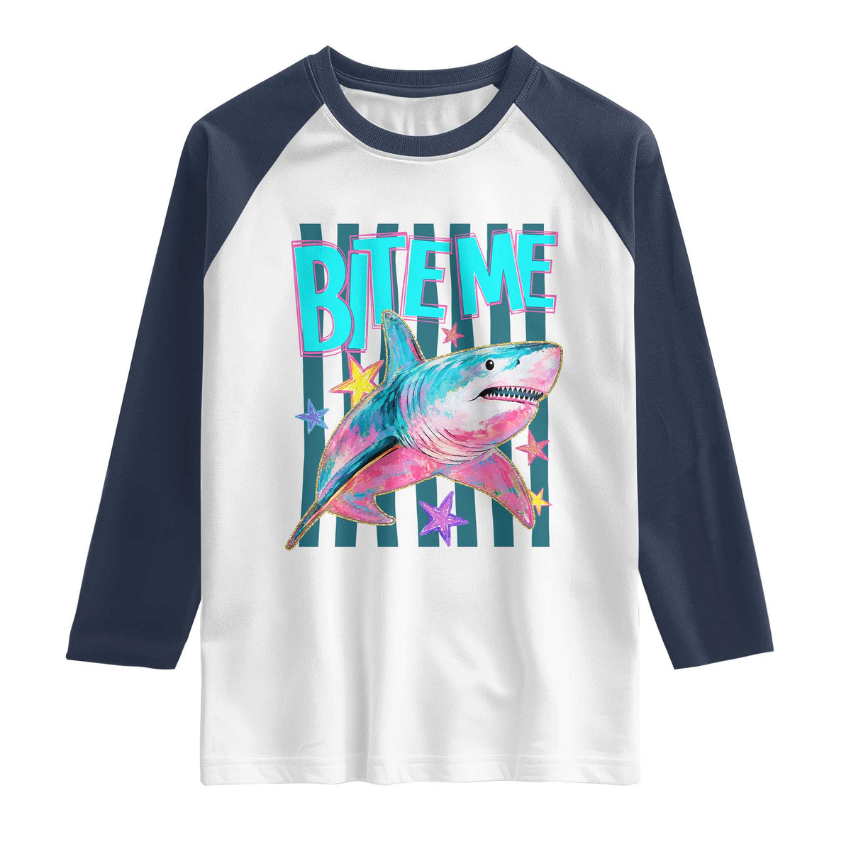 Funny Bite Me Shark Lover Raglan Shirt Summer Beach Nautical Stripes Glitter Print TS11 White Navy Print Your Wear
