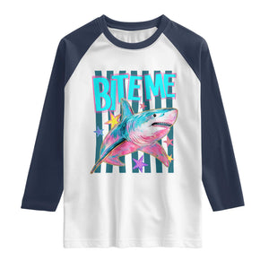 Funny Bite Me Shark Lover Raglan Shirt Summer Beach Nautical Stripes Glitter Print TS11 White Navy Print Your Wear