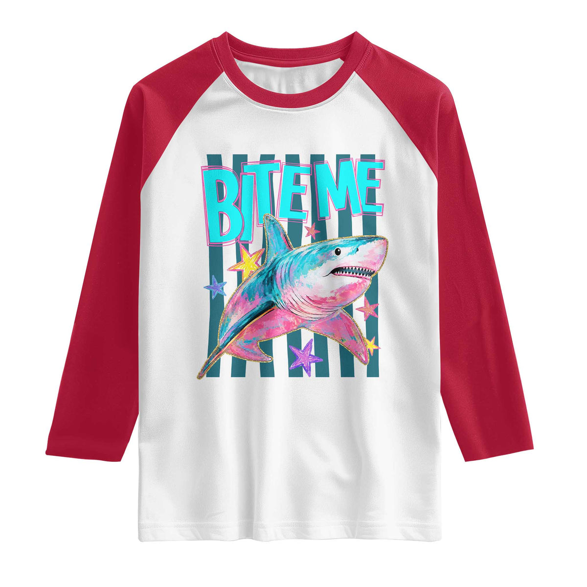 Funny Bite Me Shark Lover Raglan Shirt Summer Beach Nautical Stripes Glitter Print TS11 White Red Print Your Wear