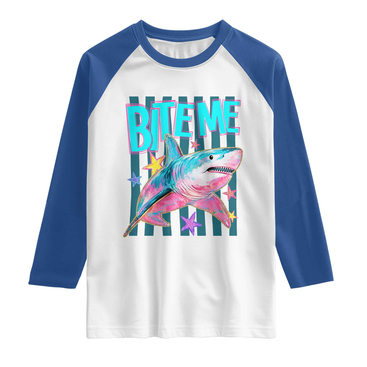 Funny Bite Me Shark Lover Raglan Shirt Summer Beach Nautical Stripes Glitter Print TS11 White Royal Print Your Wear