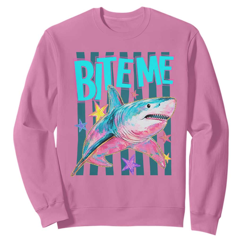 Funny Bite Me Shark Lover Sweatshirt Summer Beach Nautical Stripes Glitter Print TS11 Azalea Print Your Wear