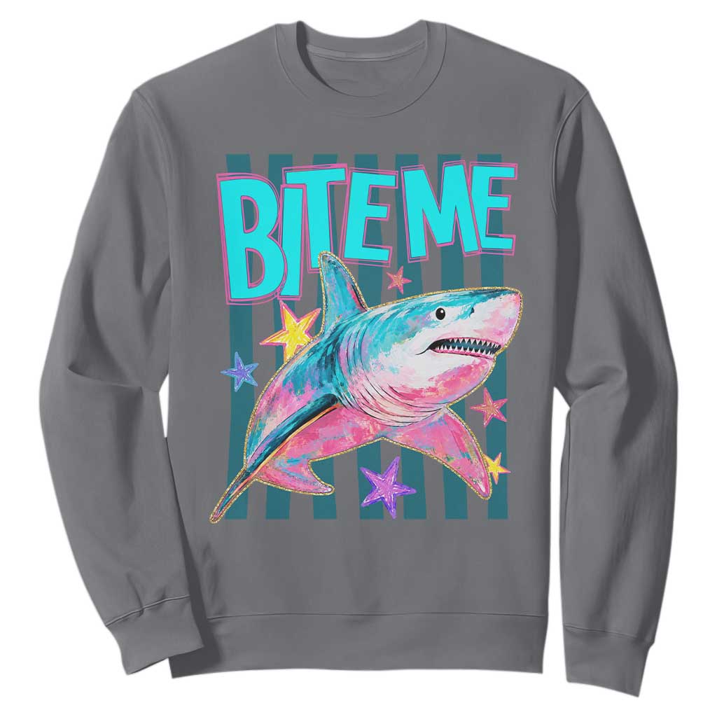 Funny Bite Me Shark Lover Sweatshirt Summer Beach Nautical Stripes Glitter Print TS11 Charcoal Print Your Wear