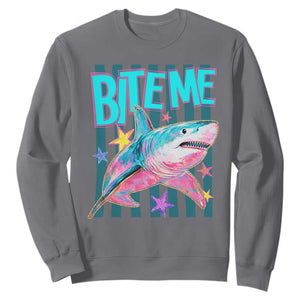 Funny Bite Me Shark Lover Sweatshirt Summer Beach Nautical Stripes Glitter Print TS11 Charcoal Print Your Wear