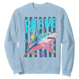 Funny Bite Me Shark Lover Sweatshirt Summer Beach Nautical Stripes Glitter Print TS11 Light Blue Print Your Wear
