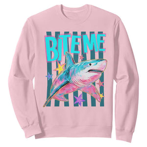 Funny Bite Me Shark Lover Sweatshirt Summer Beach Nautical Stripes Glitter Print TS11 Light Pink Print Your Wear