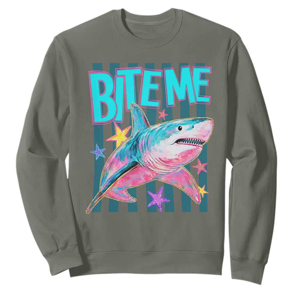 Funny Bite Me Shark Lover Sweatshirt Summer Beach Nautical Stripes Glitter Print TS11 Military Green Print Your Wear
