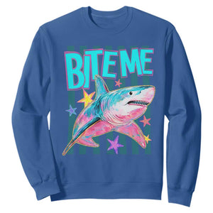 Funny Bite Me Shark Lover Sweatshirt Summer Beach Nautical Stripes Glitter Print TS11 Royal Blue Print Your Wear