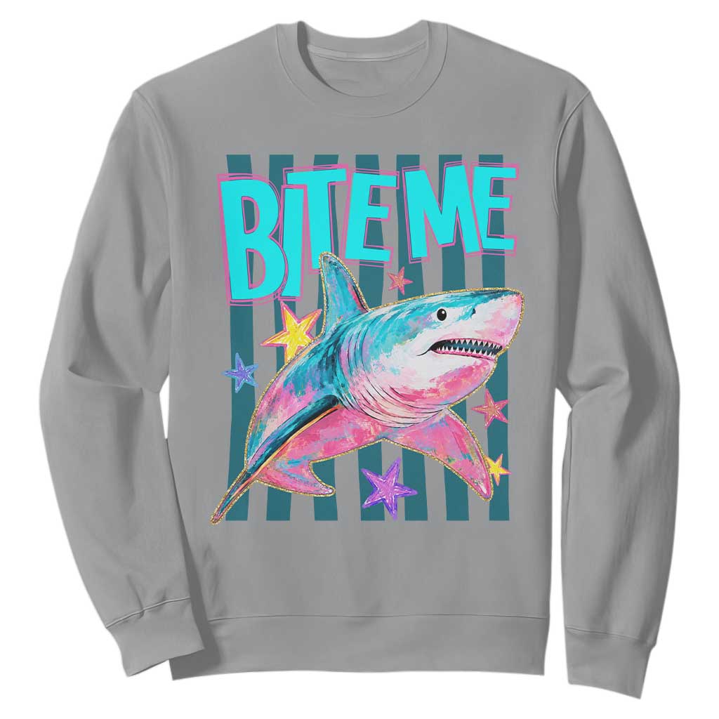 Funny Bite Me Shark Lover Sweatshirt Summer Beach Nautical Stripes Glitter Print TS11 Sport Gray Print Your Wear