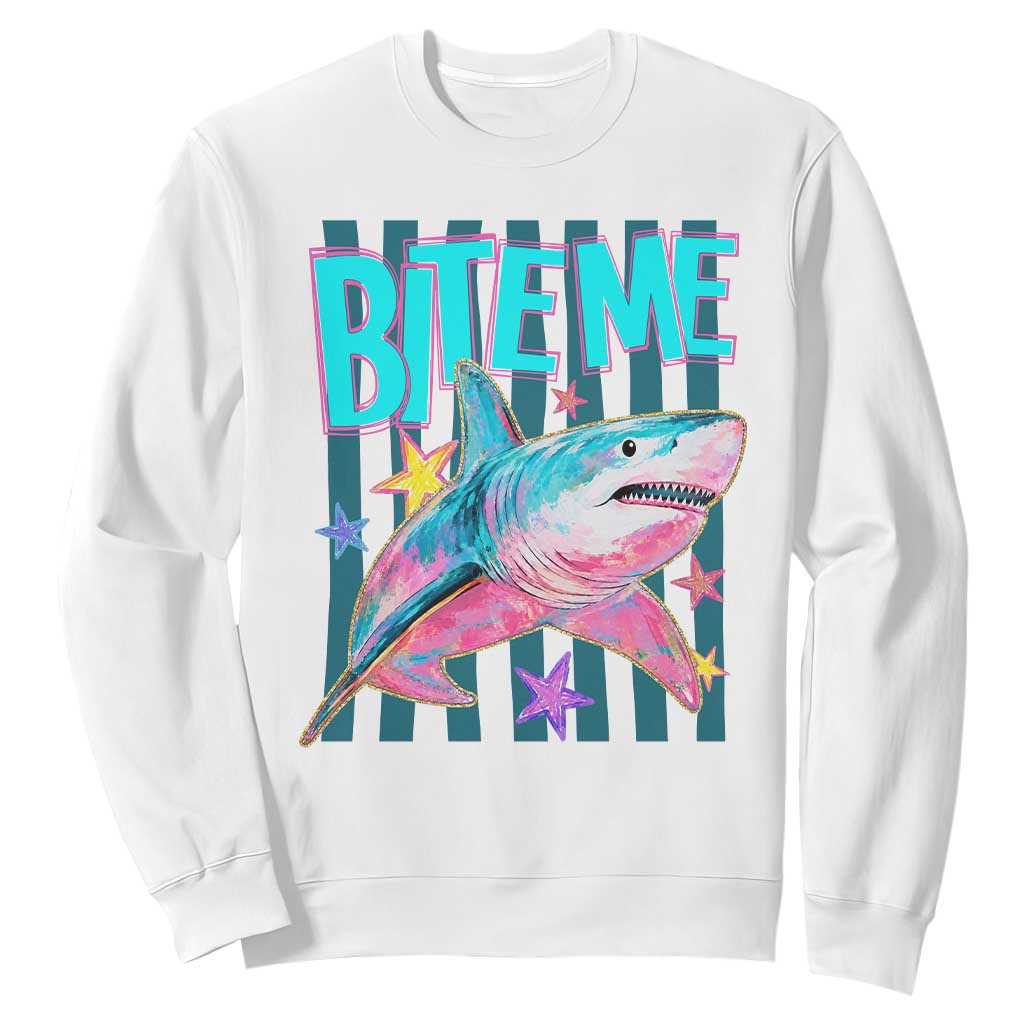 Funny Bite Me Shark Lover Sweatshirt Summer Beach Nautical Stripes Glitter Print TS11 White Print Your Wear