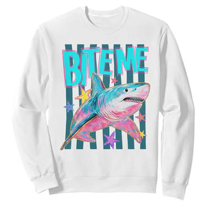 Funny Bite Me Shark Lover Sweatshirt Summer Beach Nautical Stripes Glitter Print TS11 White Print Your Wear