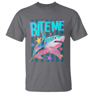 Funny Bite Me Shark Lover T Shirt Summer Beach Nautical Stripes Glitter Print TS11 Charcoal Print Your Wear