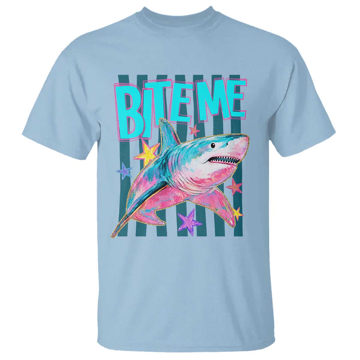 Funny Bite Me Shark Lover T Shirt Summer Beach Nautical Stripes Glitter Print TS11 Light Blue Print Your Wear