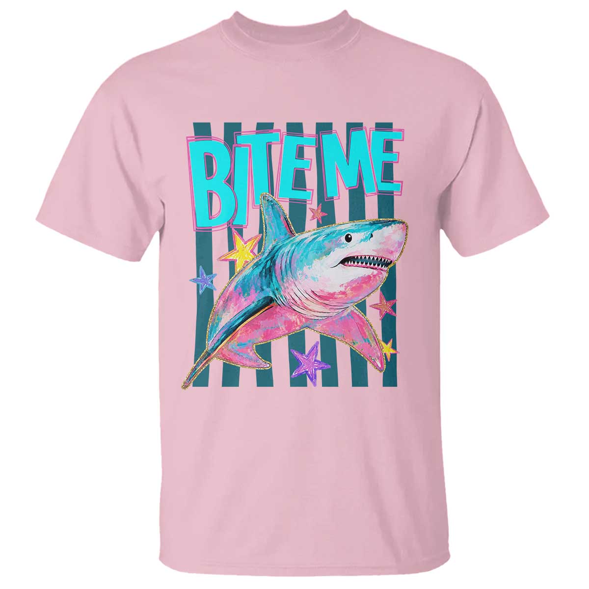 Funny Bite Me Shark Lover T Shirt Summer Beach Nautical Stripes Glitter Print TS11 Light Pink Print Your Wear