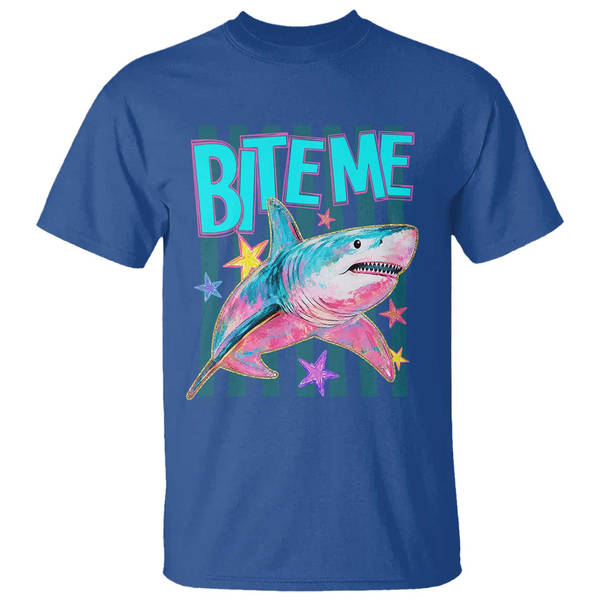 Funny Bite Me Shark Lover T Shirt Summer Beach Nautical Stripes Glitter Print TS11 Royal Blue Print Your Wear