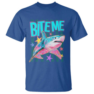 Funny Bite Me Shark Lover T Shirt Summer Beach Nautical Stripes Glitter Print TS11 Royal Blue Print Your Wear