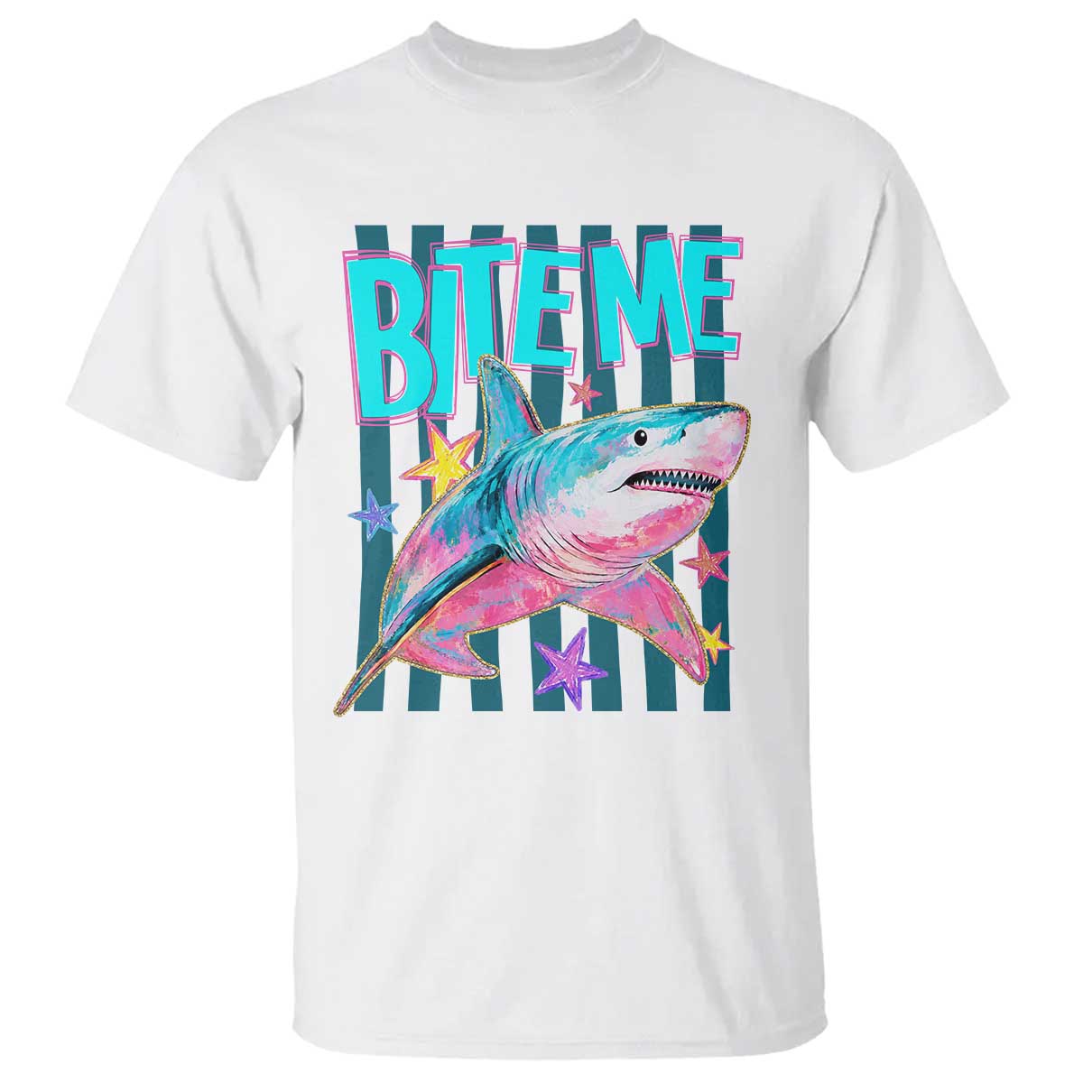 Funny Bite Me Shark Lover T Shirt Summer Beach Nautical Stripes Glitter Print TS11 White Print Your Wear