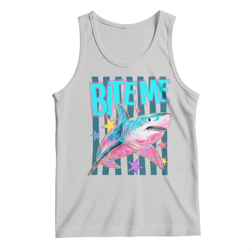 Funny Bite Me Shark Lover Tank Top Summer Beach Nautical Stripes Glitter Print TS11 Ash Print Your Wear