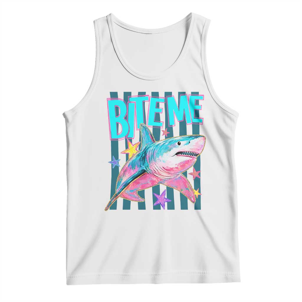 Funny Bite Me Shark Lover Tank Top Summer Beach Nautical Stripes Glitter Print TS11 White Print Your Wear