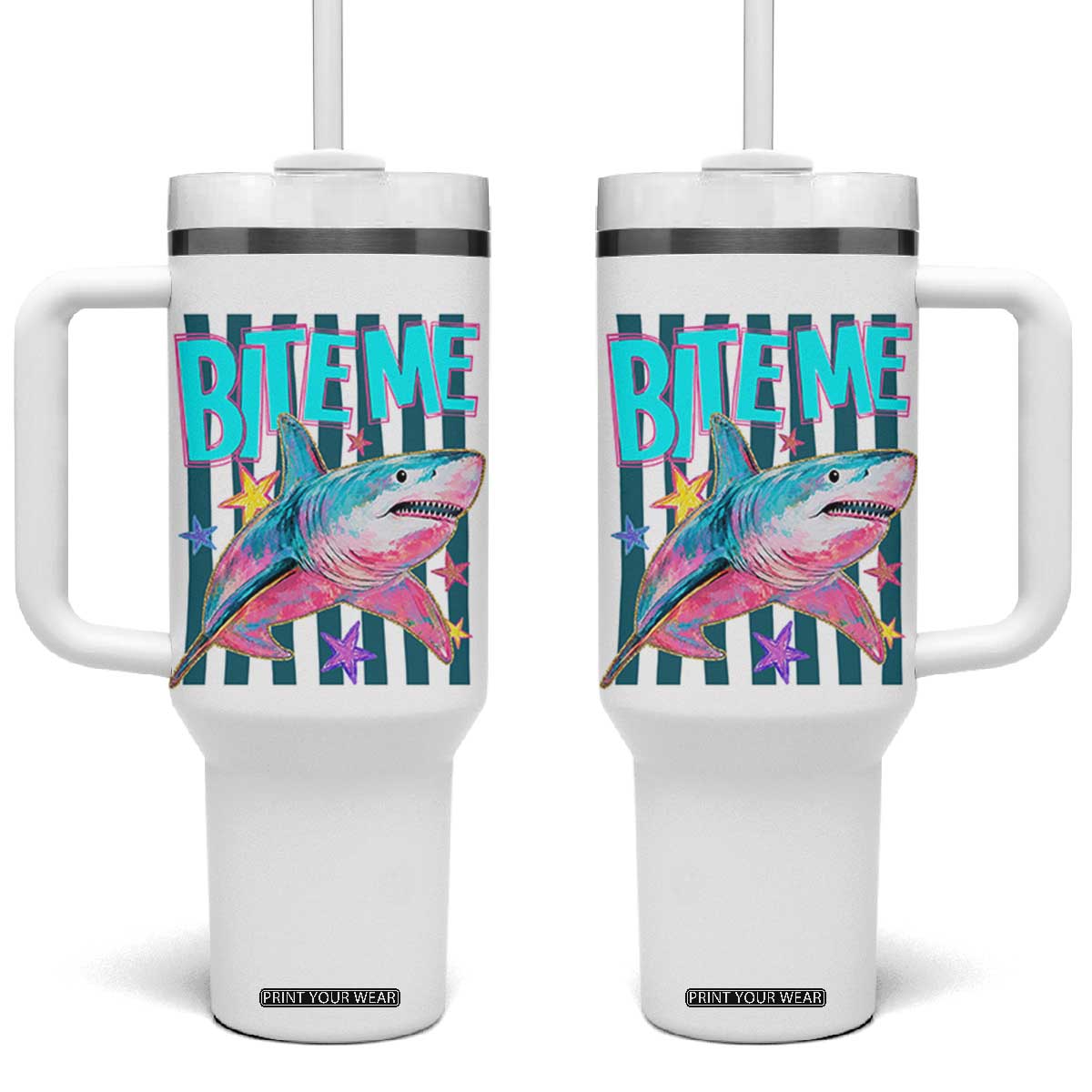 Funny Bite Me Shark Lover Tumbler With Handle Summer Beach Nautical Stripes Glitter Print TS11 One Size: 40 oz White Print Your Wear