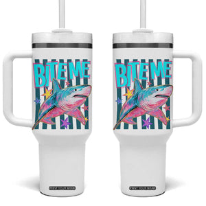 Funny Bite Me Shark Lover Tumbler With Handle Summer Beach Nautical Stripes Glitter Print TS11 One Size: 40 oz White Print Your Wear