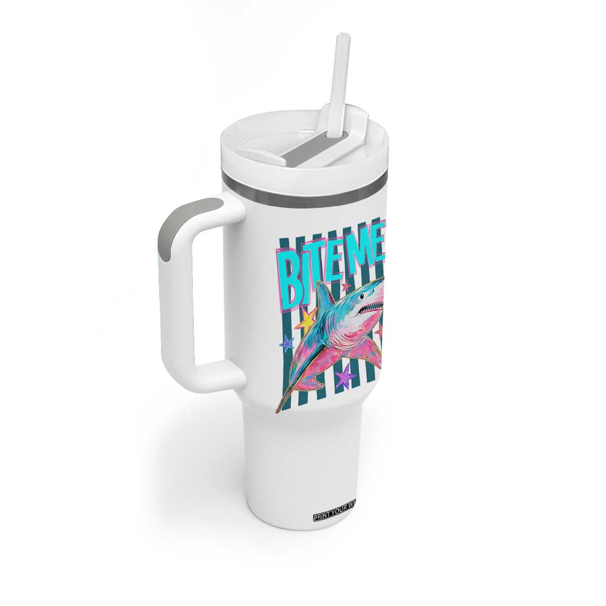 Funny Bite Me Shark Lover Tumbler With Handle Summer Beach Nautical Stripes Glitter Print TS11 Print Your Wear