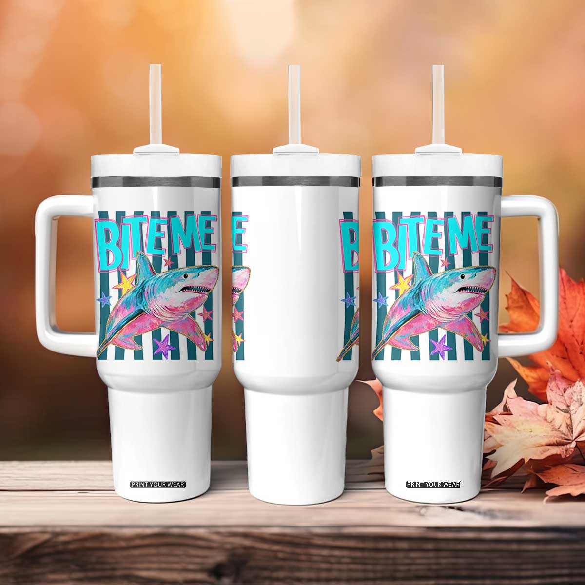 Funny Bite Me Shark Lover Tumbler With Handle Summer Beach Nautical Stripes Glitter Print TS11 Print Your Wear