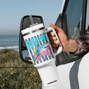 Funny Bite Me Shark Lover Tumbler With Handle Summer Beach Nautical Stripes Glitter Print TS11 Print Your Wear