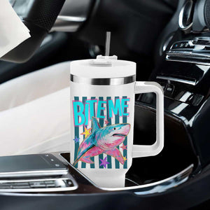 Funny Bite Me Shark Lover Tumbler With Handle Summer Beach Nautical Stripes Glitter Print TS11 Print Your Wear